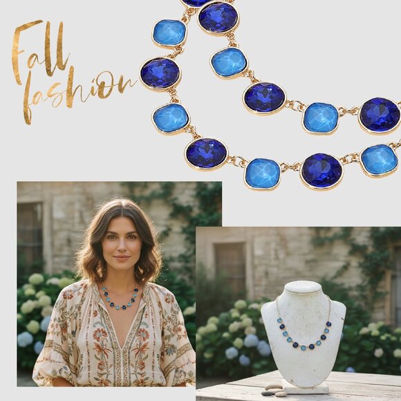 Anthropologie Faceted Glass Beaded Gem Gold Link Necklace NEW Blue Crystals - Picture 1 of 6